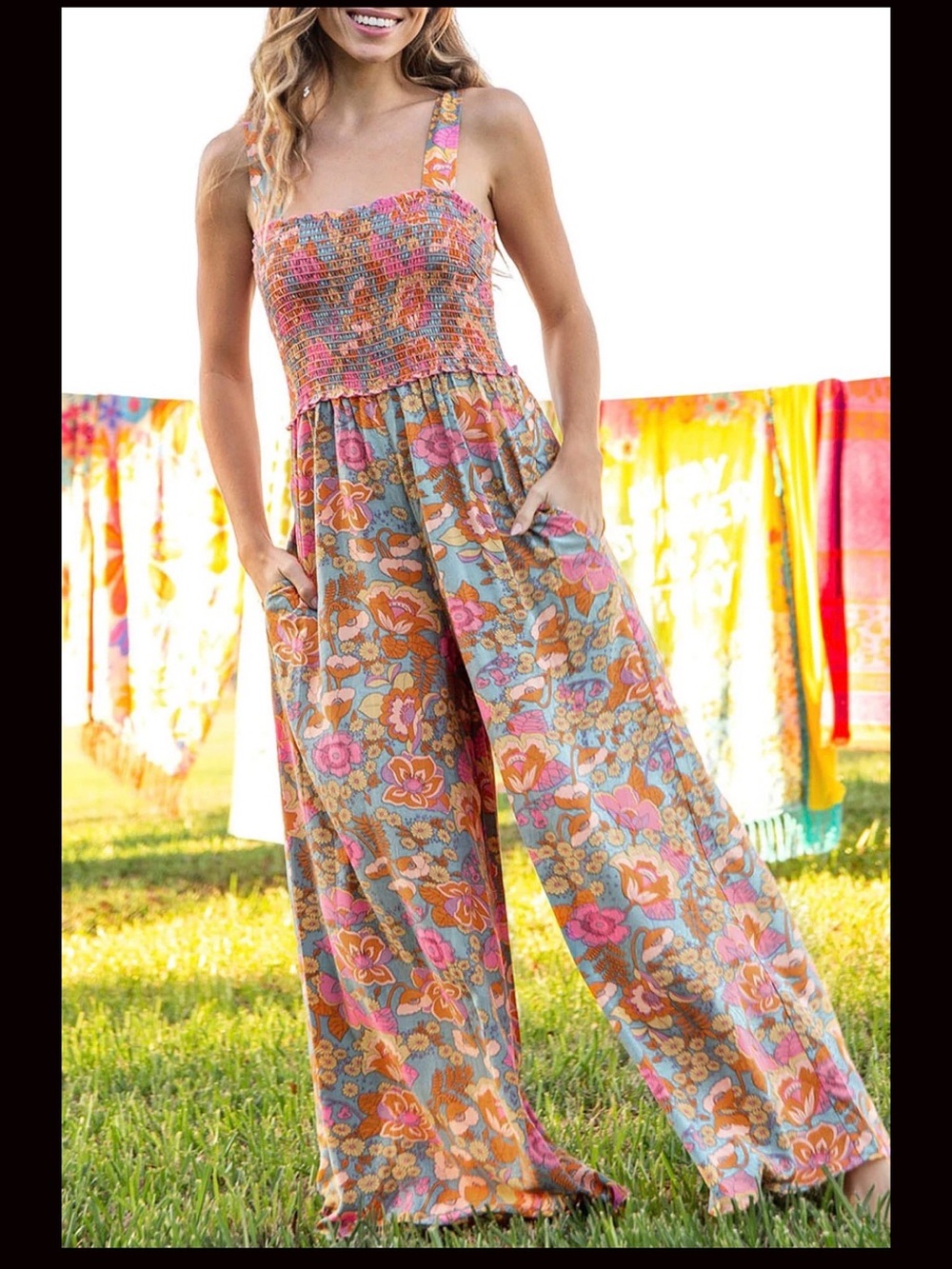 🌸 Natural Life Retro Floral Smocked Wide-Leg Jumpsuit 🌸